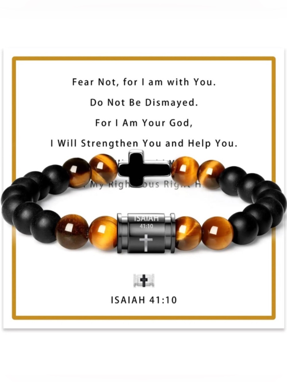 ✝️ Isaiah 41:10 Black & Tiger Eye Beaded Metallic Cross Bracelet